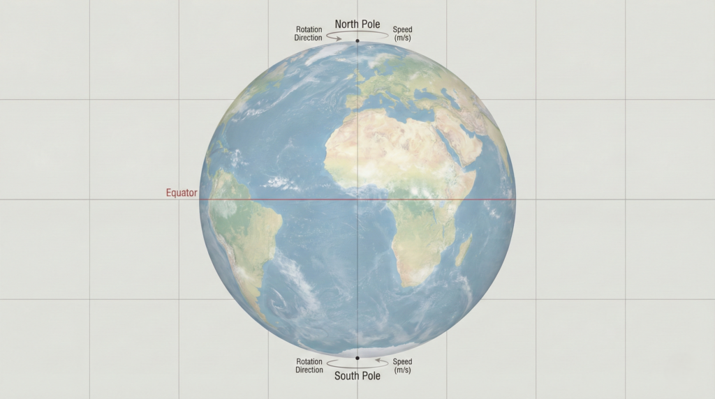 Diagram showing Earth’s axial rotation and varying surface speed by latitude.