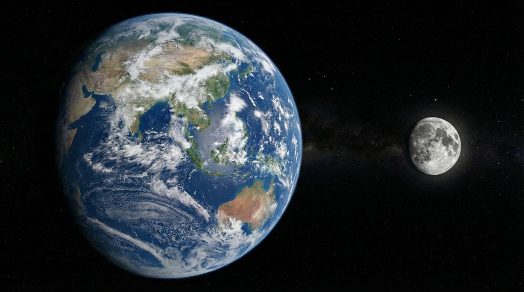 Earth Moon system showing the Moon’s orbit and distance from Earth