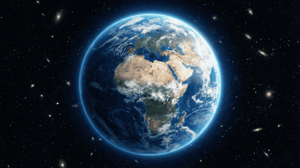 Earth still illuminated by sunlight shortly before sudden darkness