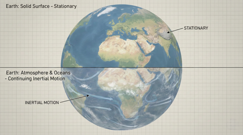 Illustration of atmospheric and ocean inertia after Earth’s rotation stops.