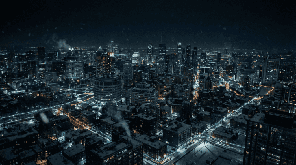 Cities operating under artificial light during global darkness